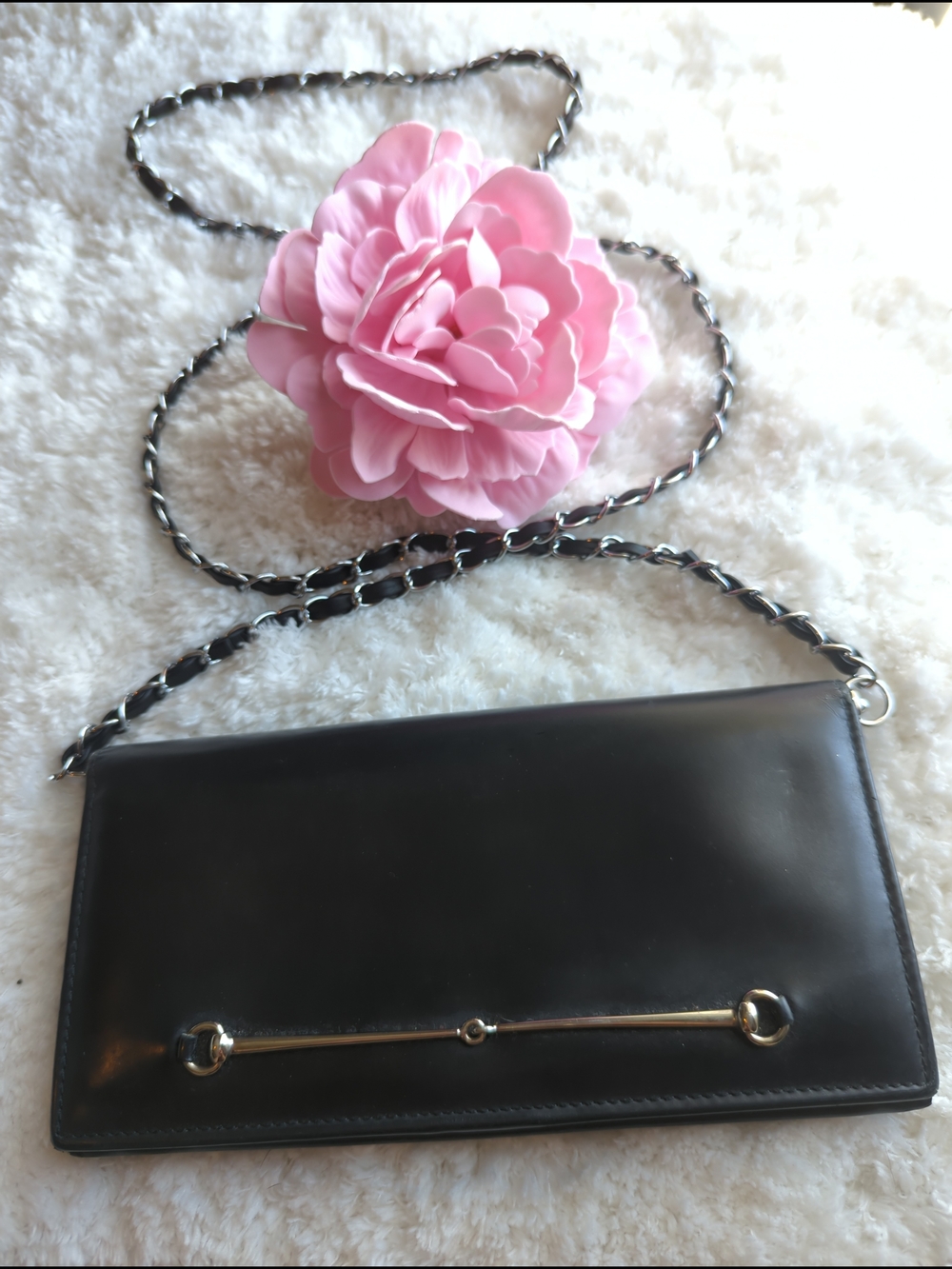 Gucci Authentic Leather Silver Horsebit Black Clutch Converted Crossbody Bag